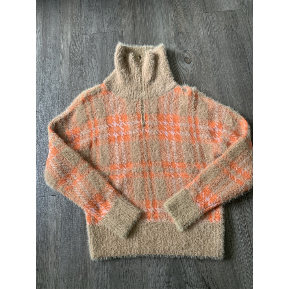 Broadway 38 Tan Orange Plaid Fuzzy Quarter Zip Pullover Sweater Womens Size S
